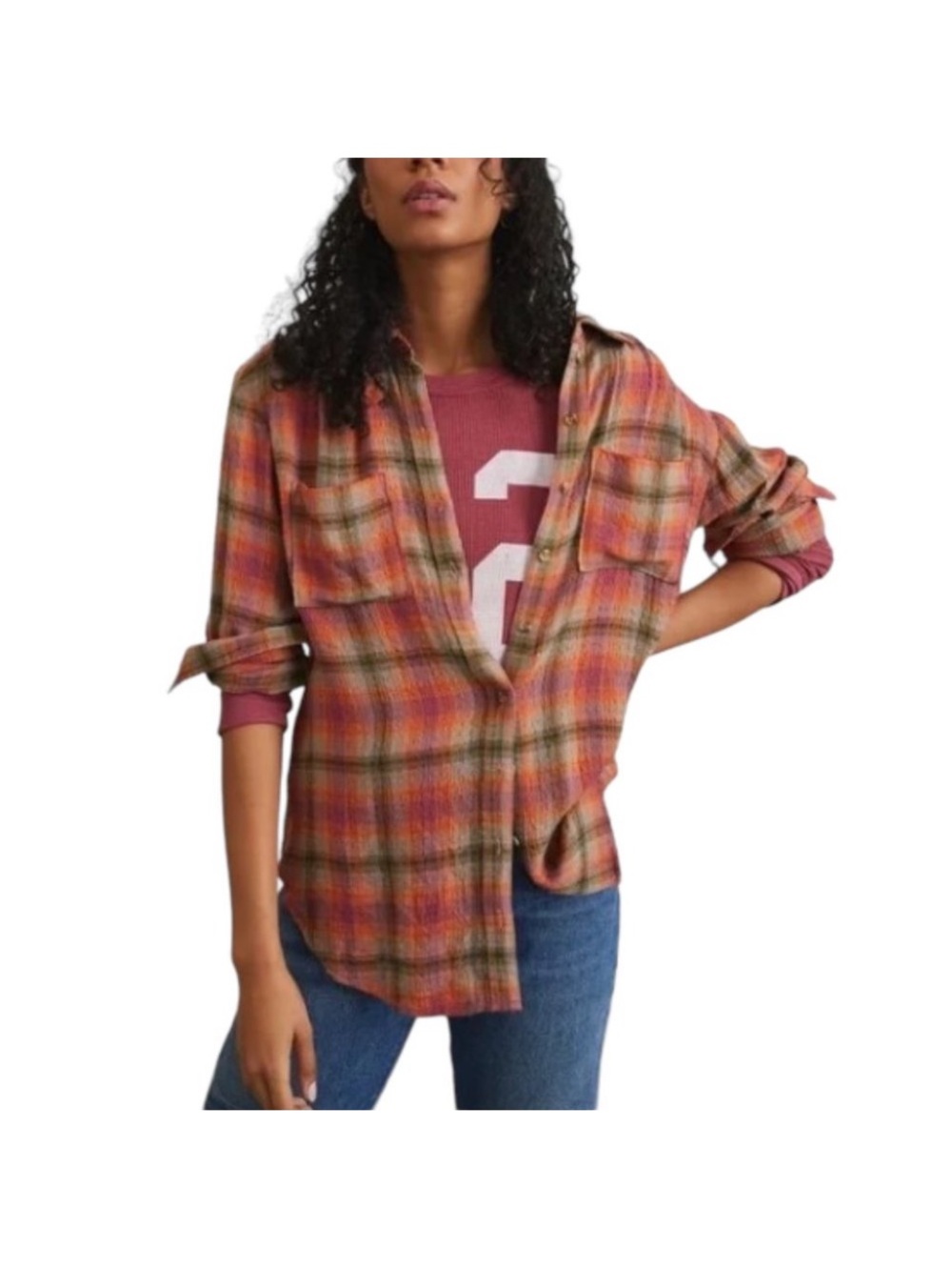Pilcro Plaid Button-Down Shirt in Orange, Purple & Green